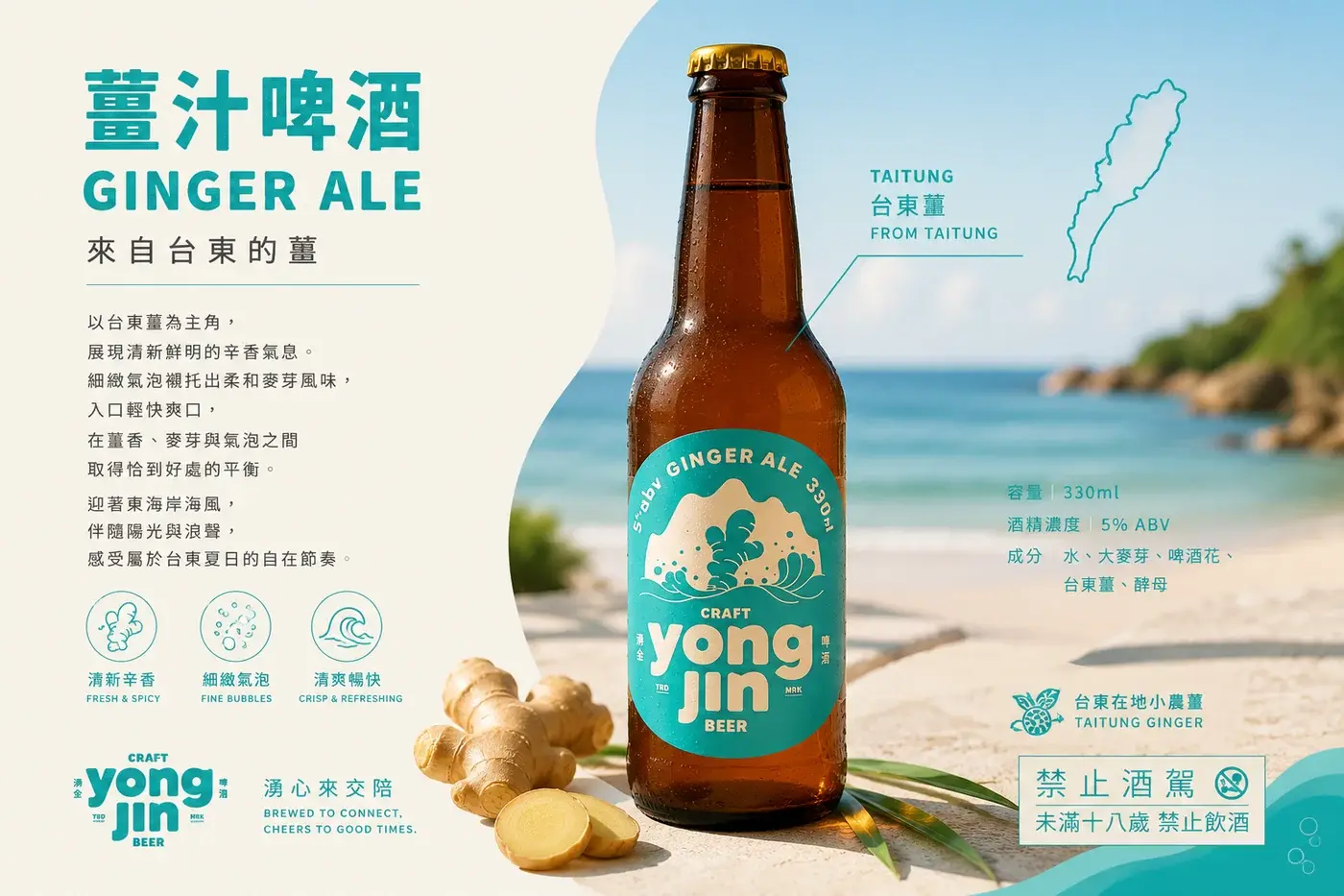 湧金薑汁啤酒主視覺，以台東生薑釀造，330ml、酒精濃度 5%，標示清新辛香、細緻氣泡與清爽暢快三個風味特色